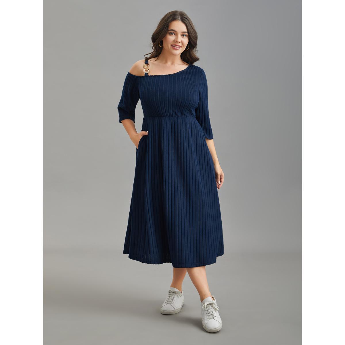 Plus Size One-Shoulder Pit-Strip Knit Buckle Midi Dress DarkBlue Women Casual Texture Knit Dresses Bloomchic 22-24/3X Product Image