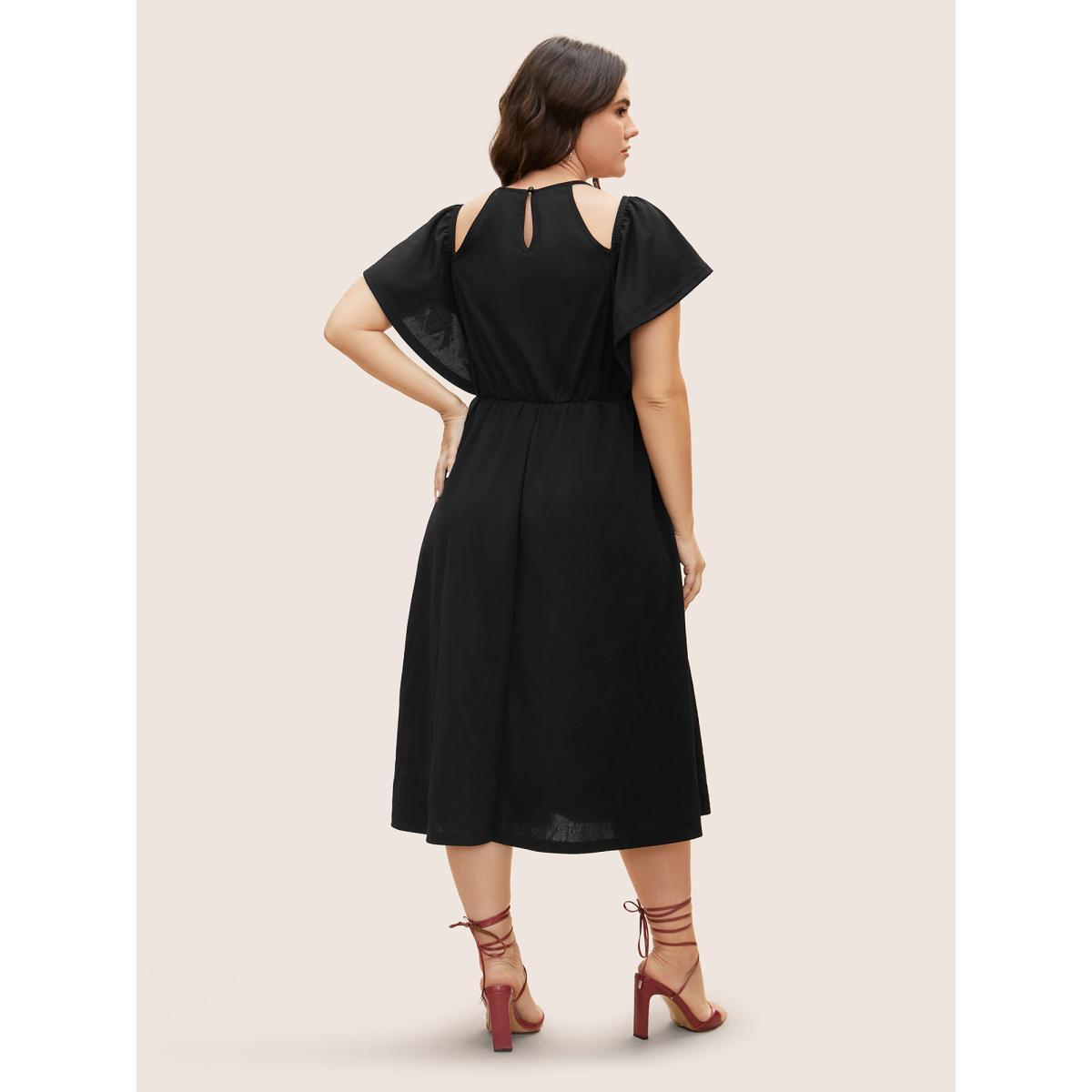 Plus Size Cold Shoulder Flutter Sleeve Midi Dress Black Women At the Office Gathered Round Neck Short sleeve Curvy BloomChic 26/4X Product Image