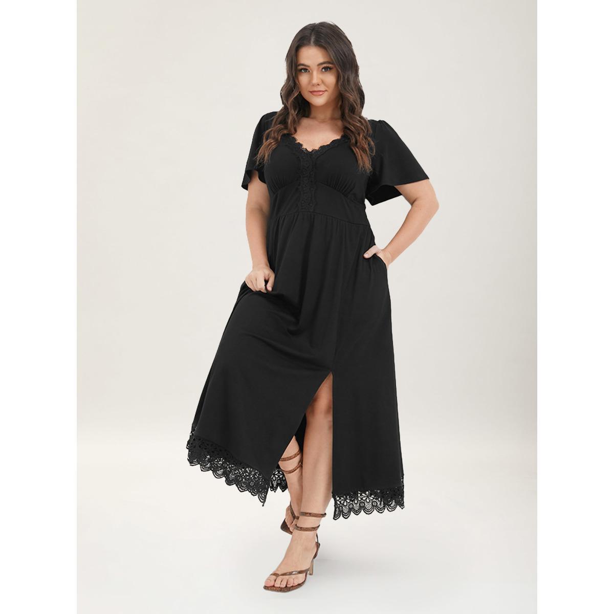 Plus Size Solid Pocket Contrast Lace Split Maxi Dress Black Women Elegant Patchwork V-neck Short sleeve Curvy Long Dress BloomChic 28/5X Product Image