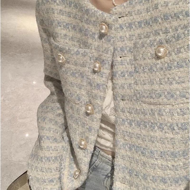 Long Sleeve Round Neck Button Down Cropped Jacket Product Image