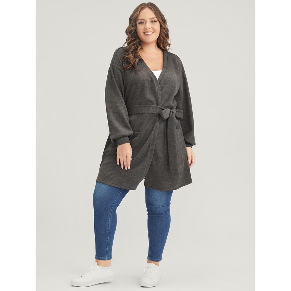 Plus Size Solid Pocket Belted Open Front Heather Coat Women DarkGray Casual Heather Ladies Dailywear Winter Coats BloomChic 18-20/2X Product Image