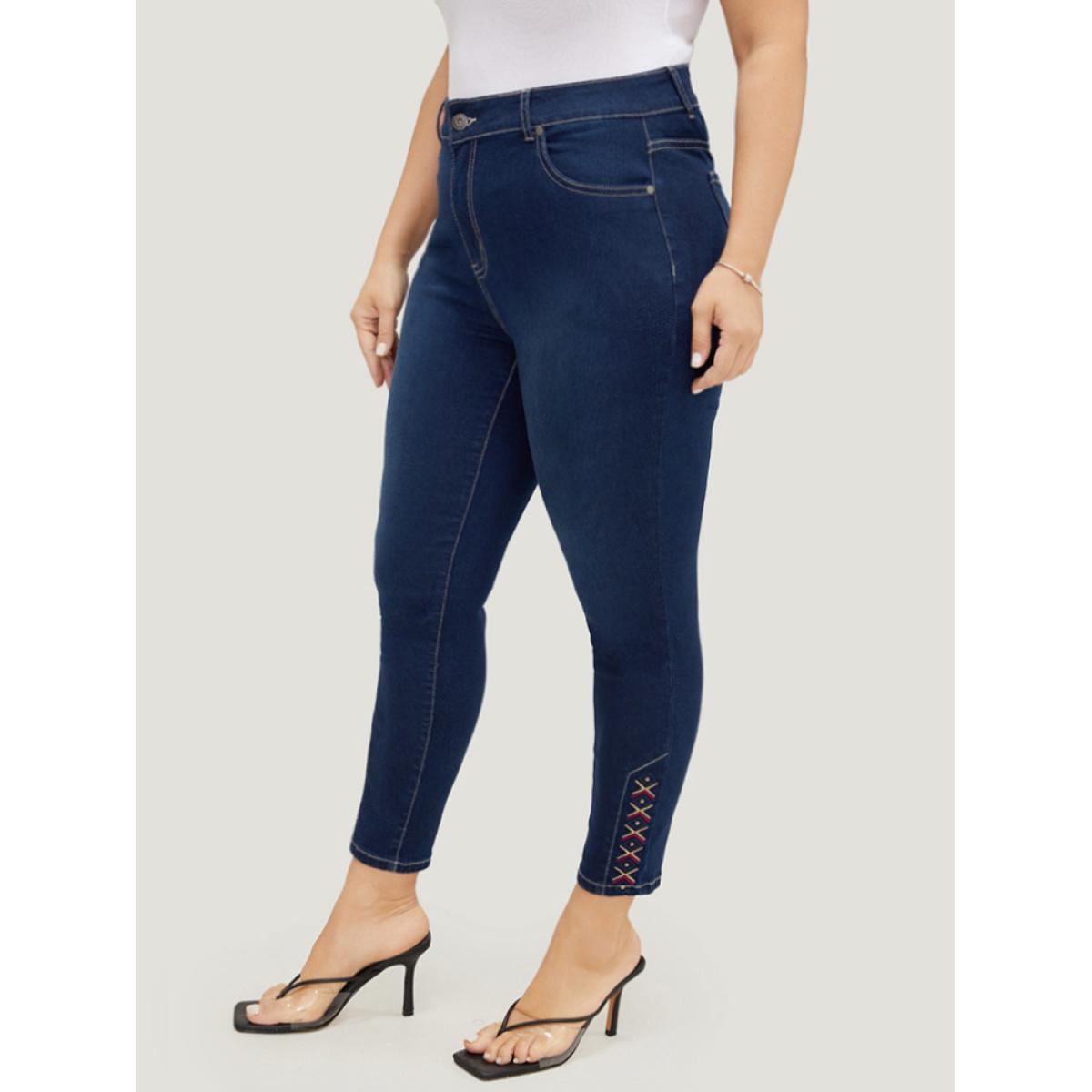 Plus Size Very Stretchy High Rise Dark Wash Geometric Embroidered Jeans Women Indigo Casual Plain Embroidered High stretch Pocket Jeans BloomChic 12/L Product Image