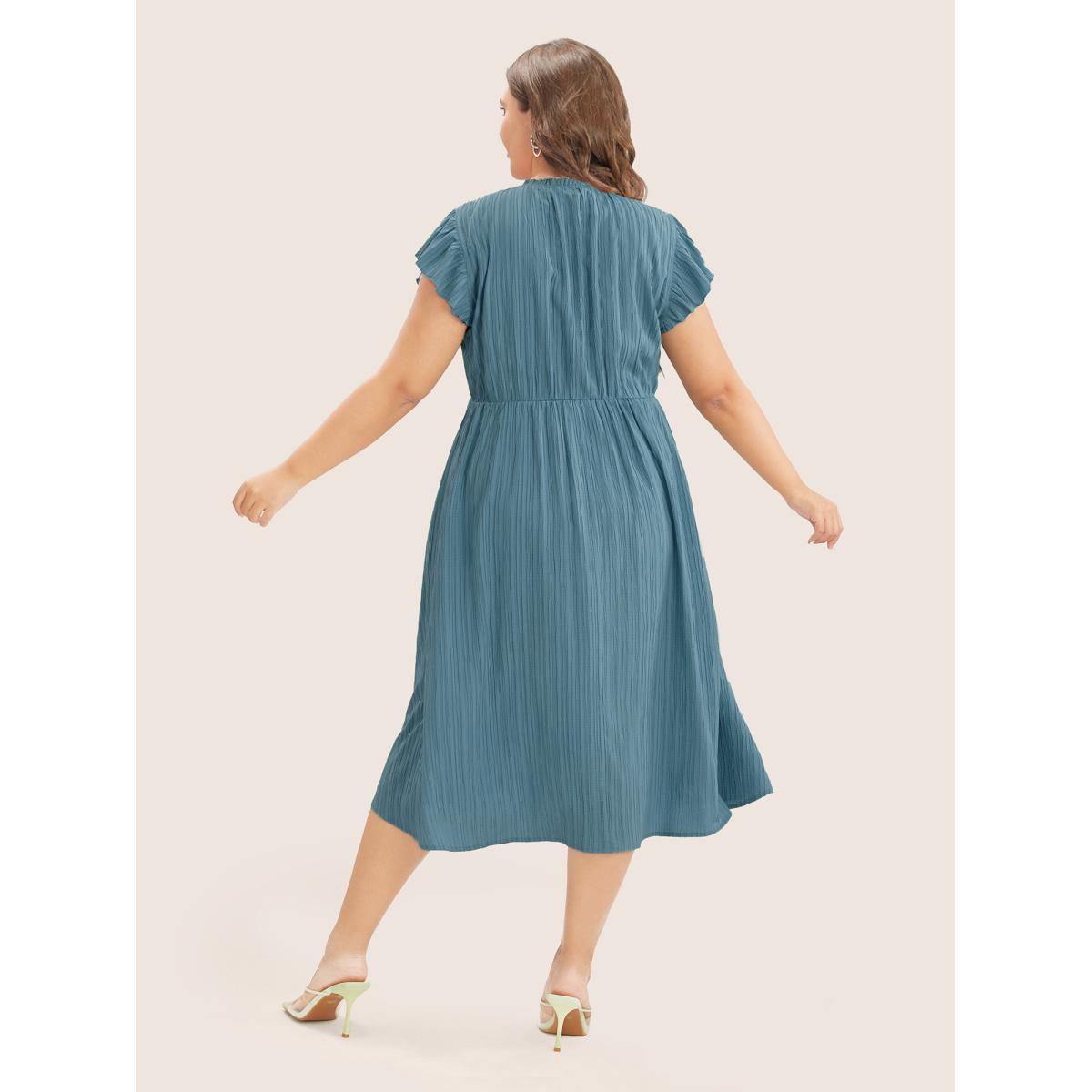 Plus Size Plain Cap Sleeve Ruffles Trim Mock Neck Pocket Dress Blue Women Elegant Pocket Round Neck Short sleeve Curvy Midi Dress BloomChic 18-20/2X Product Image