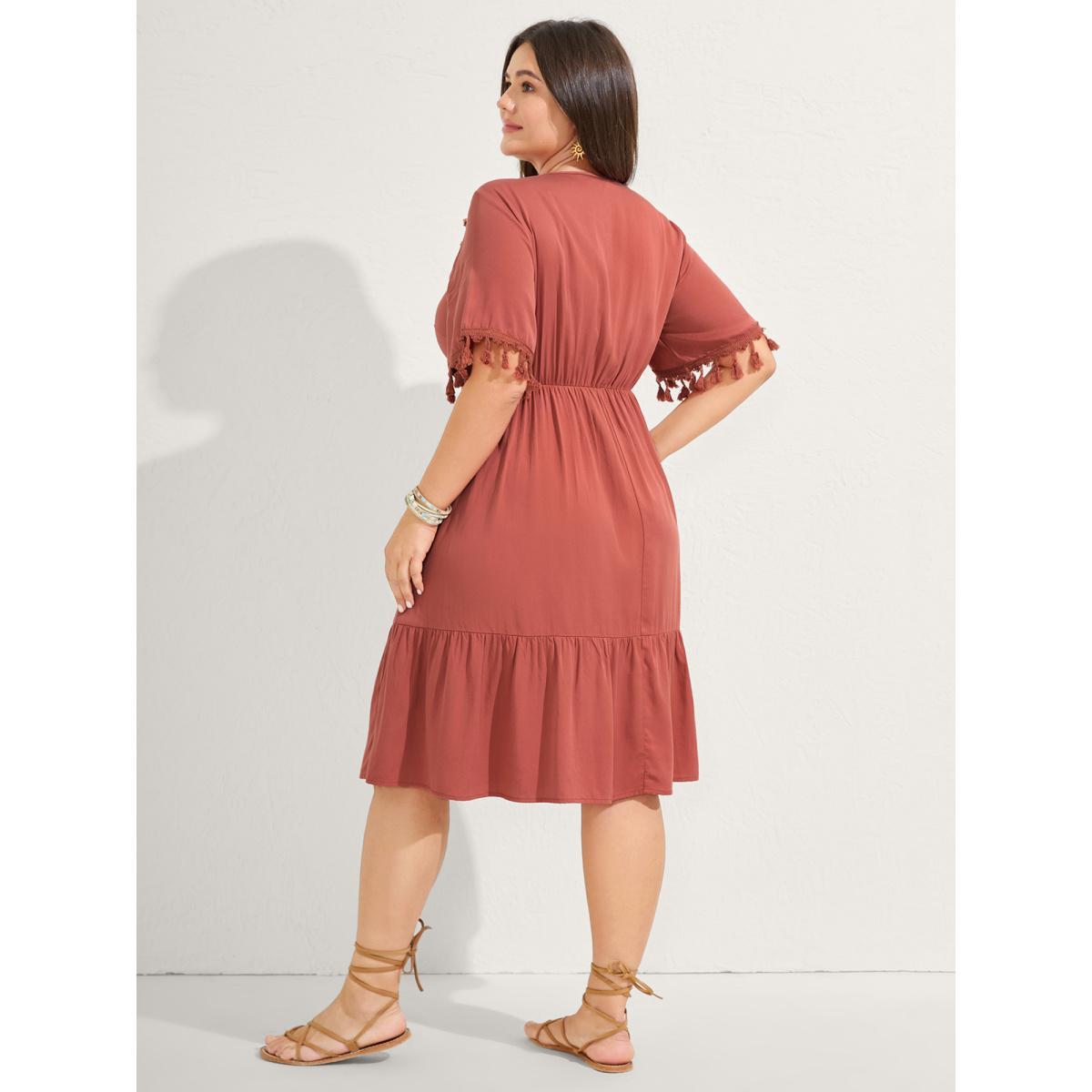 Plus Size Rayon Stretchy Waist Pockets Midi Dress Rust Women V-neck Half Sleeve Curvy BloomChic 14-16/1X Product Image