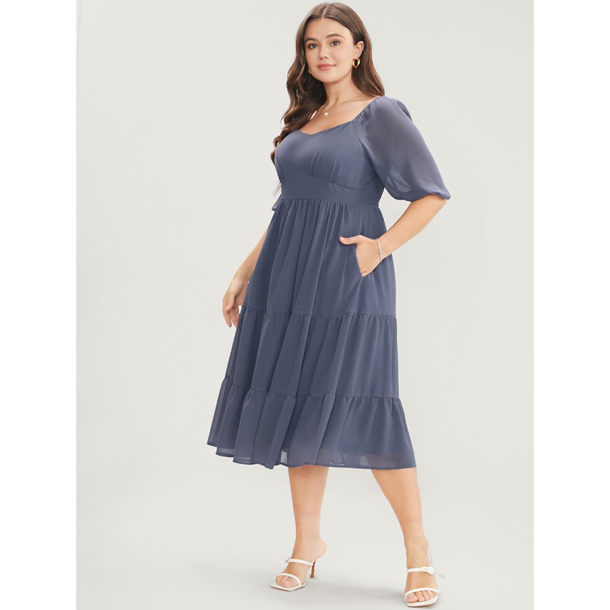 Plus Size Solid Pocket Mesh Lantern Sleeve Shirred Back Ruffles Tiered Dress Stone Women Elegant Gathered V-neck Half Sleeve Curvy Midi Dress BloomChic 28/5X Product Image
