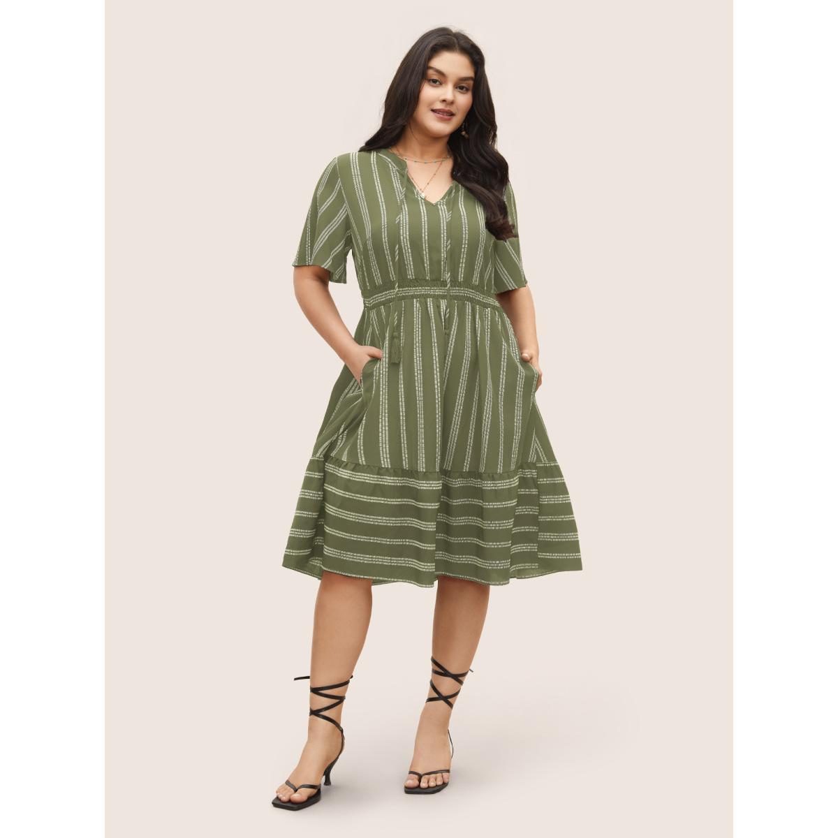 Plus Size Striped Patchwork Tassels Ties Shirred Dress Moss Women Resort Non V-neck Short sleeve Curvy Midi Dress BloomChic 14-16/1X Product Image