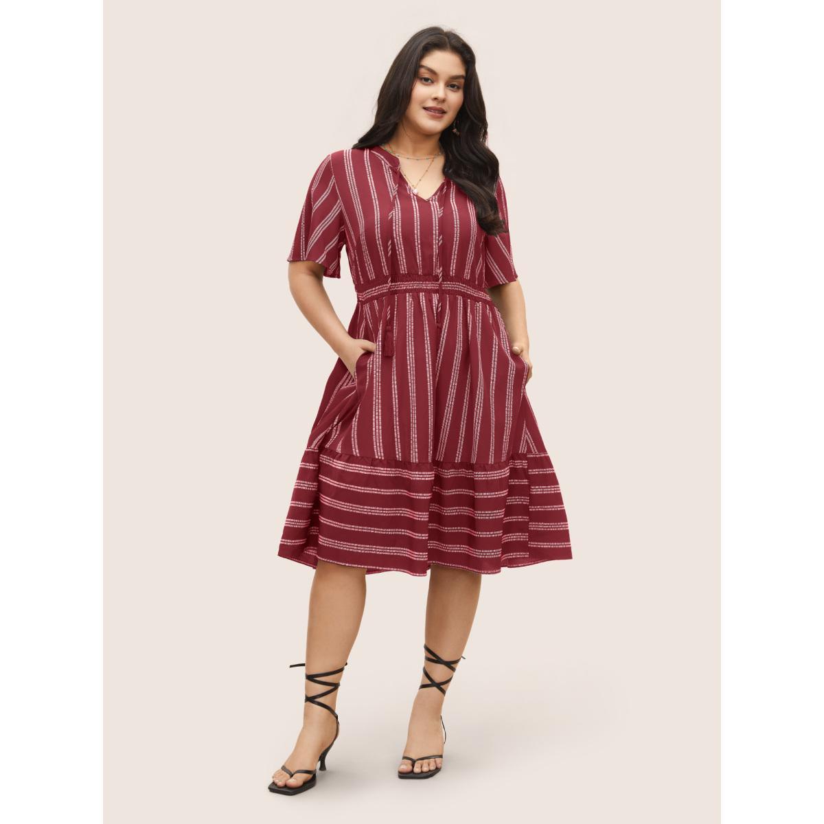 Plus Size Striped Patchwork Tassels Ties Shirred Dress Scarlet Women Resort Non V-neck Short sleeve Curvy Midi Dress BloomChic 12/L Product Image