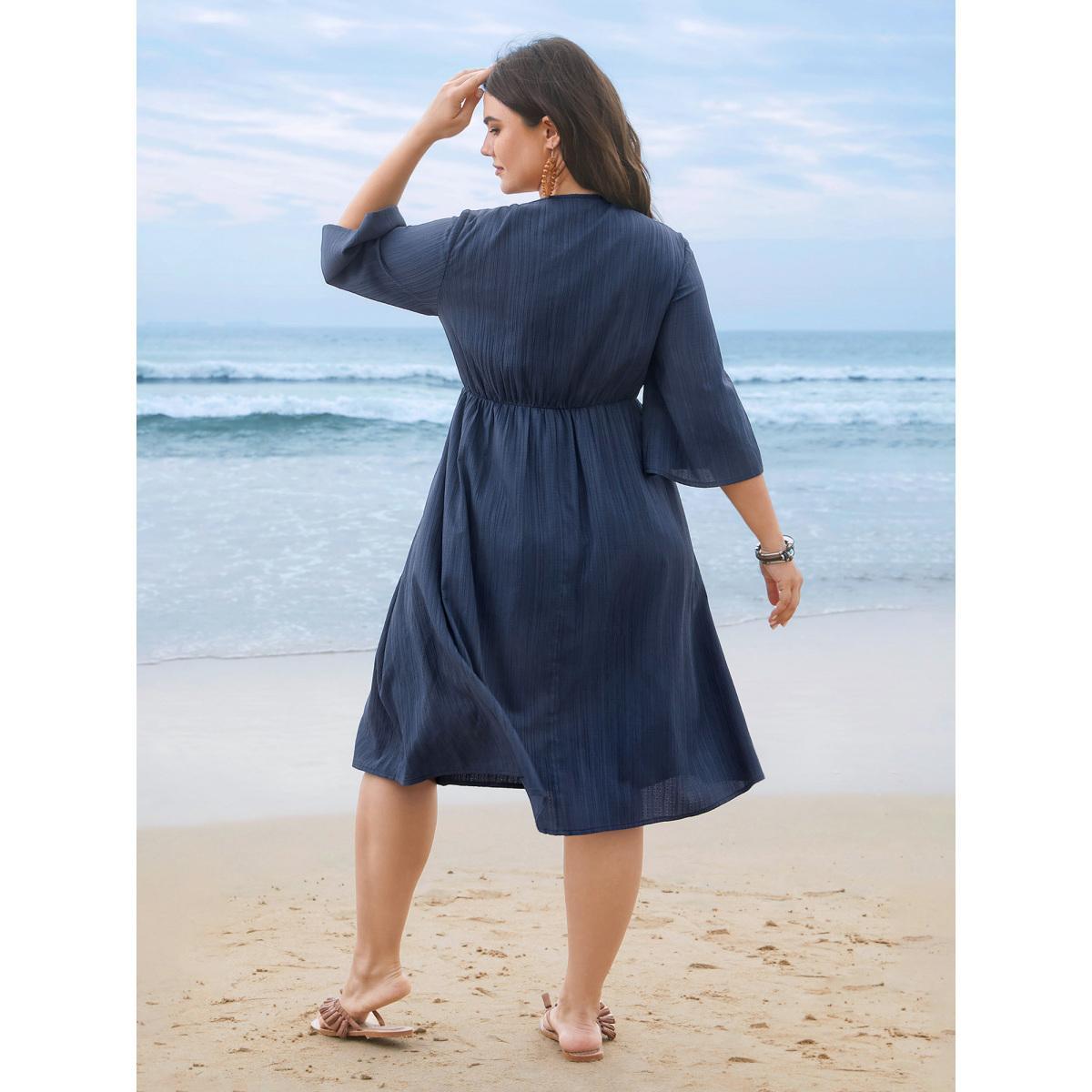 Plus Size Textured Lace Patchwork Waist-Cinched Midi Dress DarkBlue Women Casual Woven ribbon&lace trim V-neck Elbow-length sleeve Curvy BloomChic 22-24/3X Product Image
