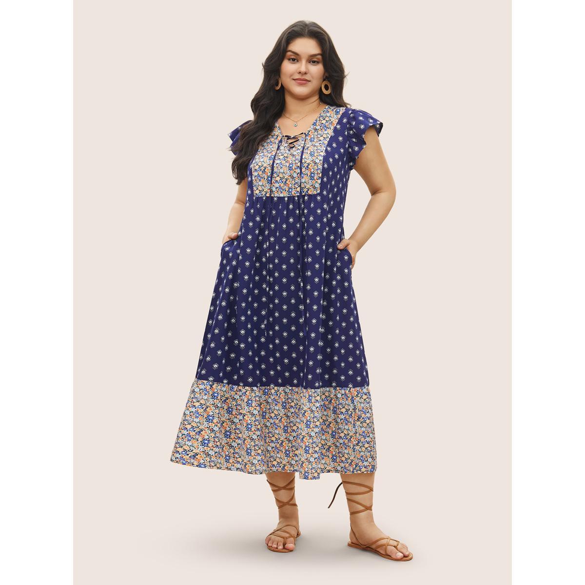 Plus Size Boho Print Ruffle Cap Sleeve Lace Up Dress DarkBlue Women Resort Non V-neck Cap Sleeve Curvy Midi Dress BloomChic 30/6X Product Image