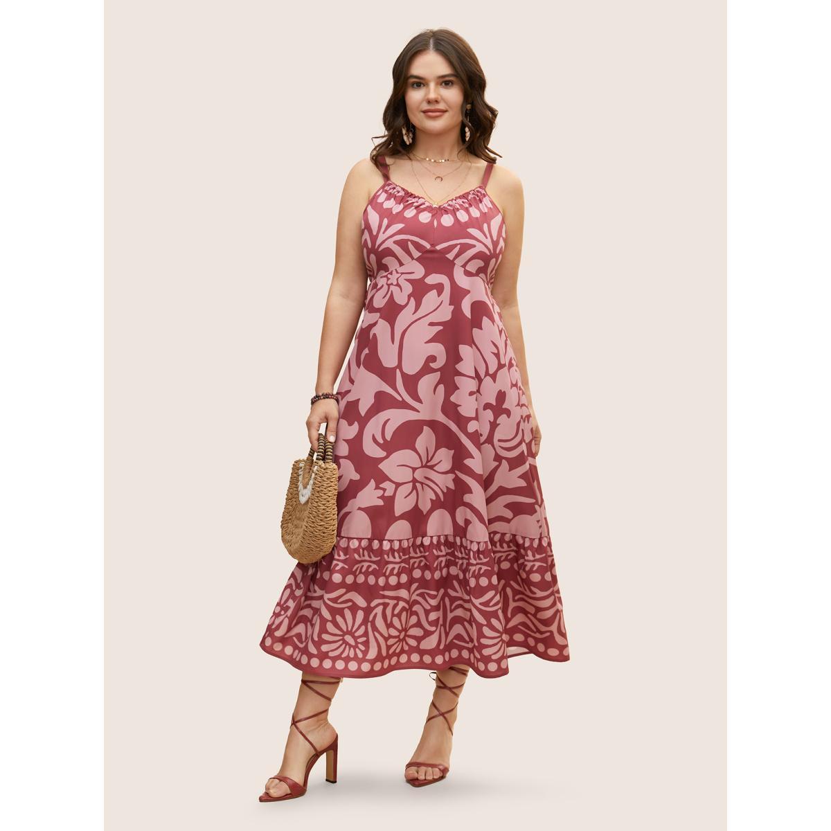 Plus Size Silhouette Floral Print Frill Trim Cami Dress DustyPink Women Resort Gathered V-neck Sleeveless Curvy BloomChic 14-16/1X Product Image