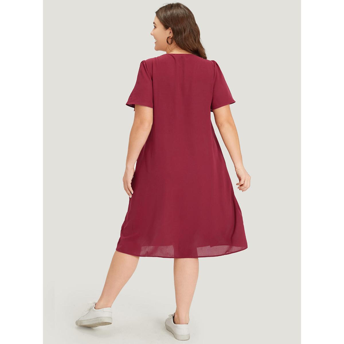 Plus Size Plain Plicated Detail Round Neck Ruffle Sleeve Dress Scarlet Women Casual Plain Round Neck Short sleeve Curvy Midi Dress BloomChic 10/M Product Image