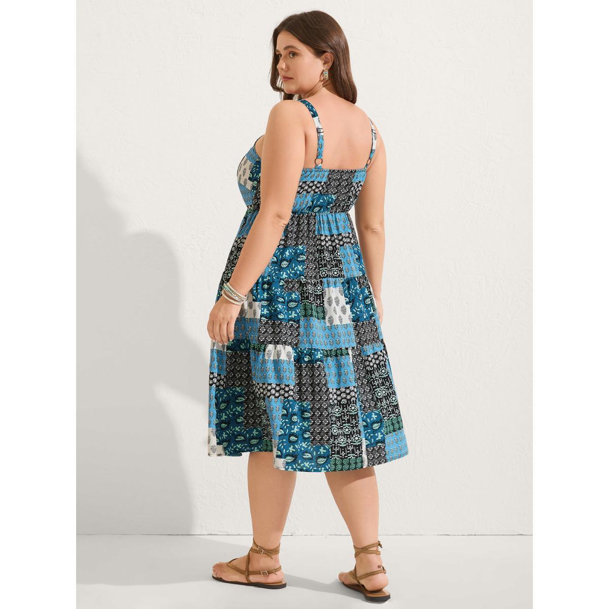 Plus Size Boho Floral Collage Stretchy Waist Midi Dress Multicolor Women Tie knot Non Sleeveless Curvy BloomChic 12/L Product Image