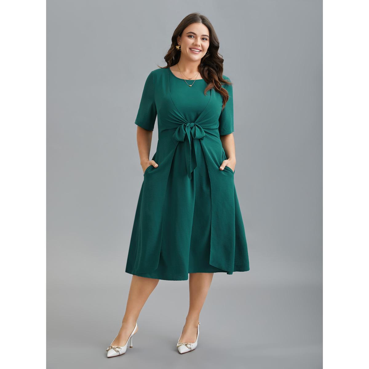 Plus Size 2-in-1 Waist-Tie Pockets Fit & Flare Dress Emerald Women Elegant Overlapping Round Neck Short sleeve Curvy BloomChic 18-20/2X Product Image
