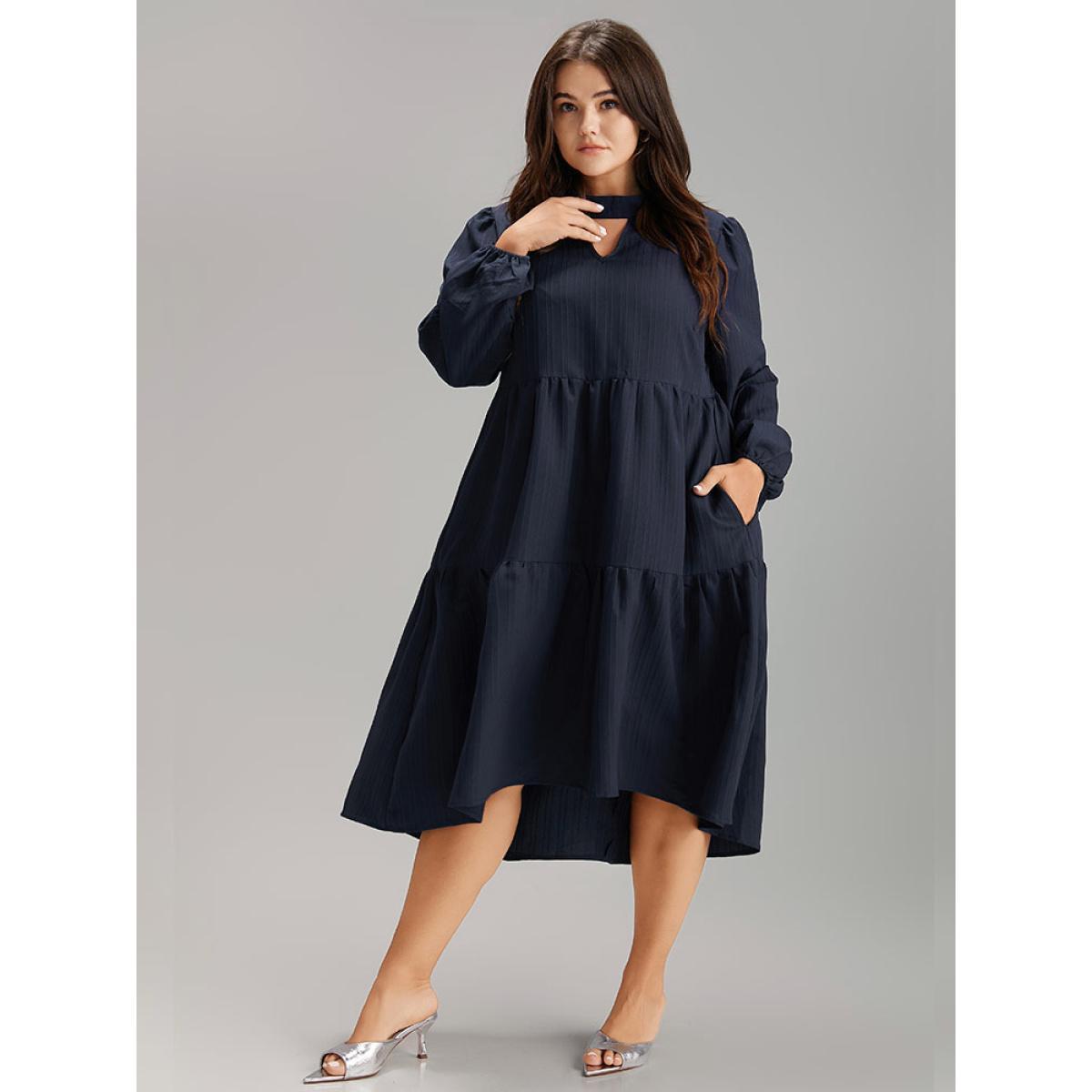 Plus Size Solid Cut Out Lantern Sleeve Dress DarkBlue Women Elegant Elastic cuffs Keyhole Cut-Out Long Sleeve Curvy Midi Dress BloomChic 22-24/3X Product Image