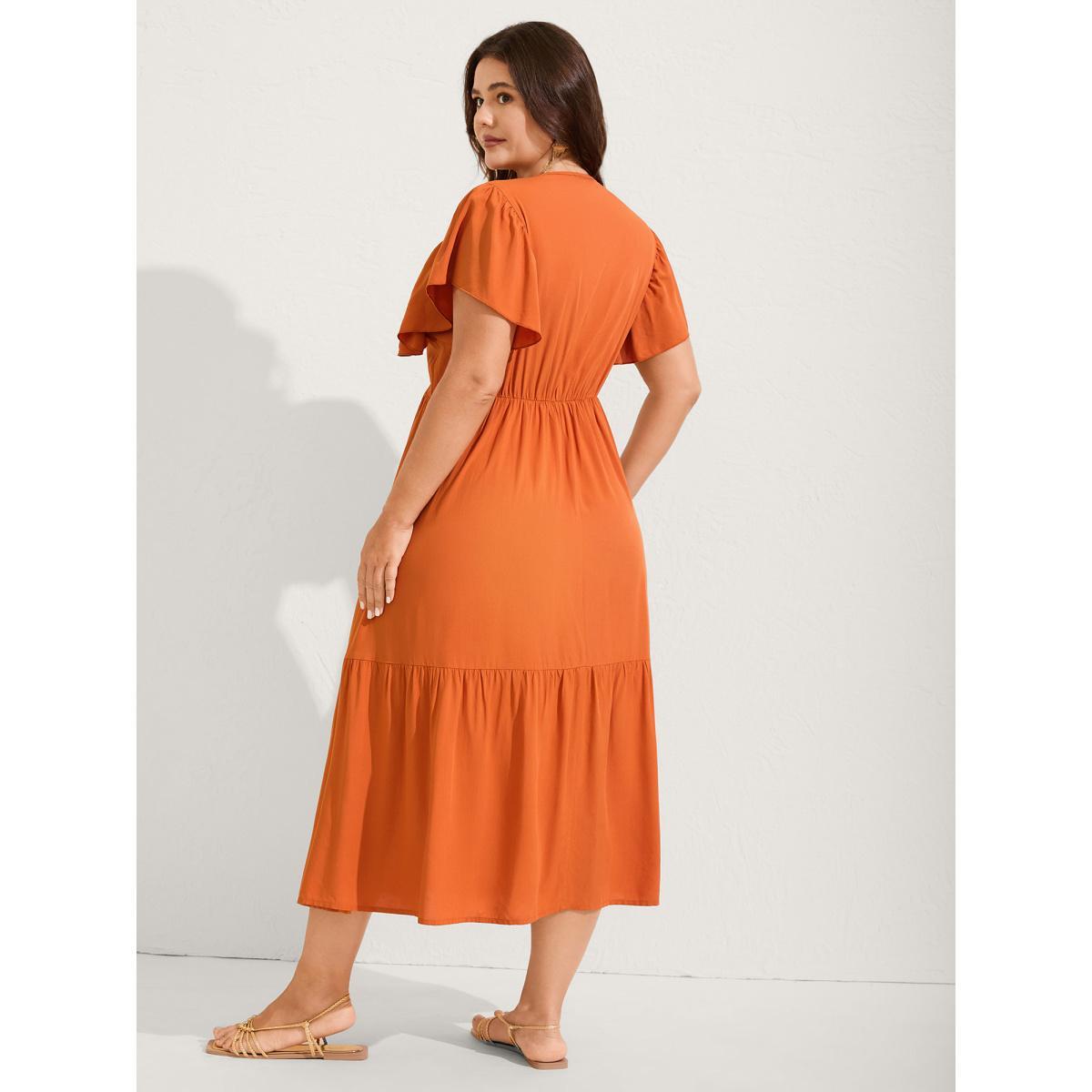 Plus Size Rayon Stretchy Waist Lace Midi Dress OrangeRed Women V-neck Short sleeve Curvy BloomChic 14-16/1X Product Image