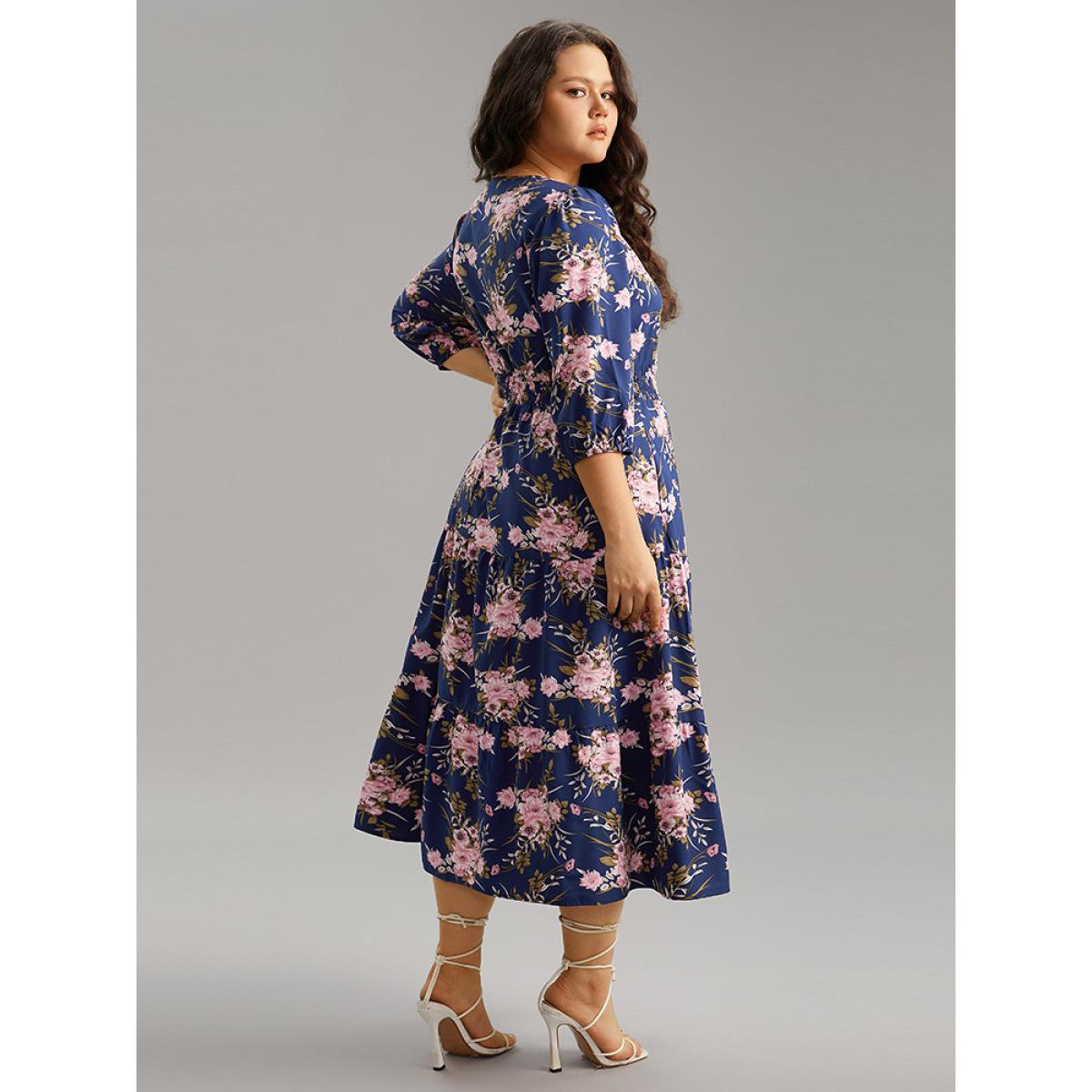 Plus Size Floral Print Shirred Elastic Cuffs Dress DarkBlue Women Elegant Pocket V-neck Elbow-length sleeve Curvy Midi Dress BloomChic 18-20/2X Product Image