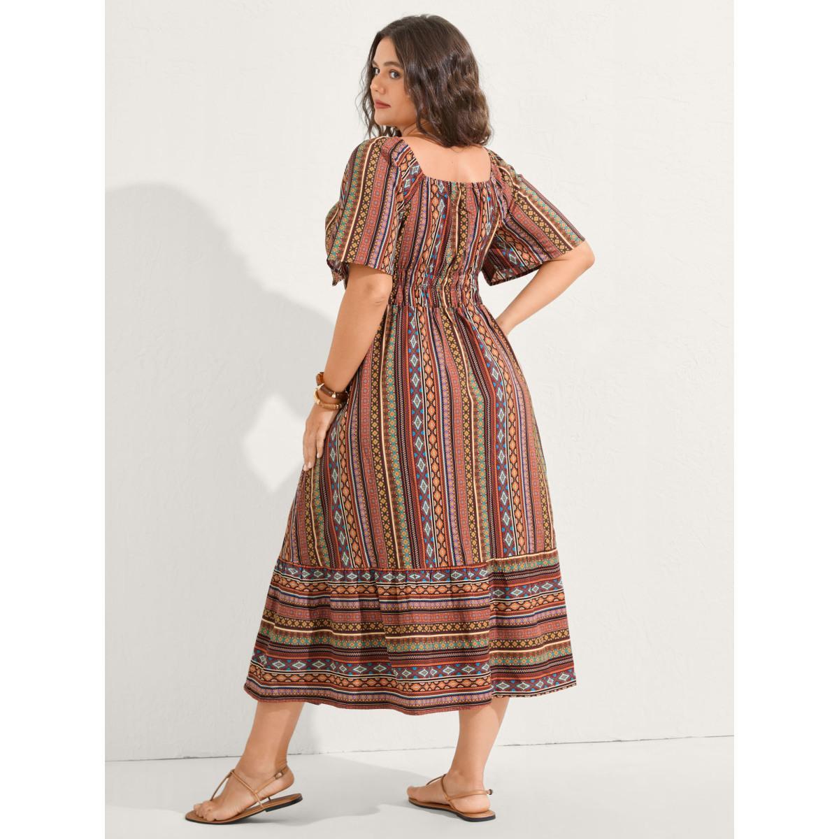 Plus Size Striped Cinched-Waist Midi Dress Yellowishbrown Women Tie knot Square Neck Half Sleeve Curvy BloomChic 18-20/2X Product Image