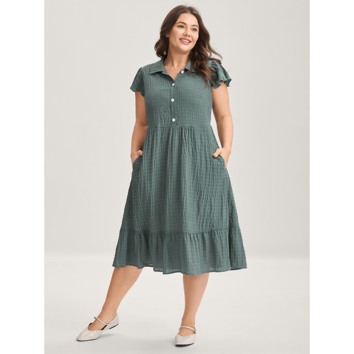 Plus Size Textured Pockets Collar Flutter Sleeve Midi Dress Moss Women Shirt collar Cap Sleeve Curvy BloomChic 18-20/2X Product Image