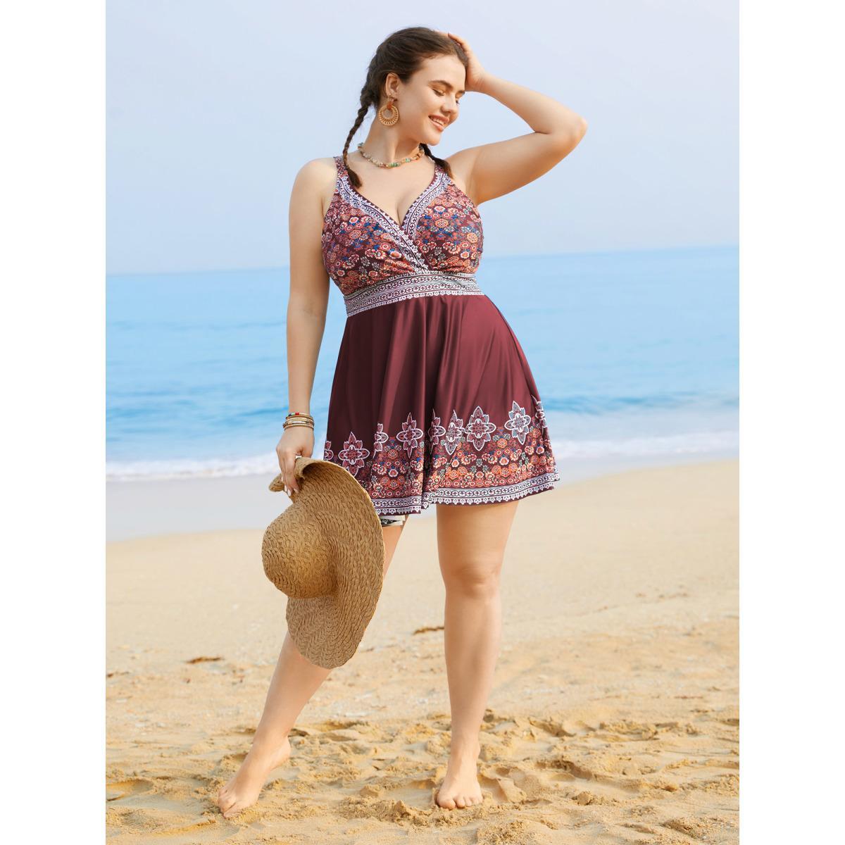 Plus Size Boho Print Surplice Neck Adjustable Swim Dress Women's Swimwear Deepred Beach Bodycon Overlap Collar High stretch Curve Swim Dresses BloomChic 14-16/1X Product Image