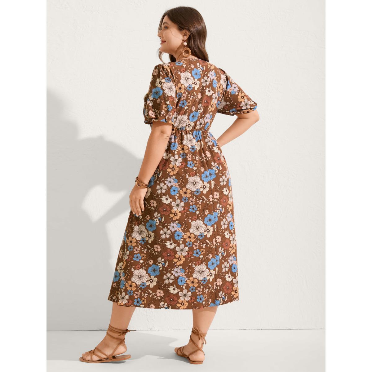Plus Size Fall Florals Shirred Bodice Midi Dress Yellowishbrown Women V-neck Short sleeve Curvy BloomChic 28/5X Product Image