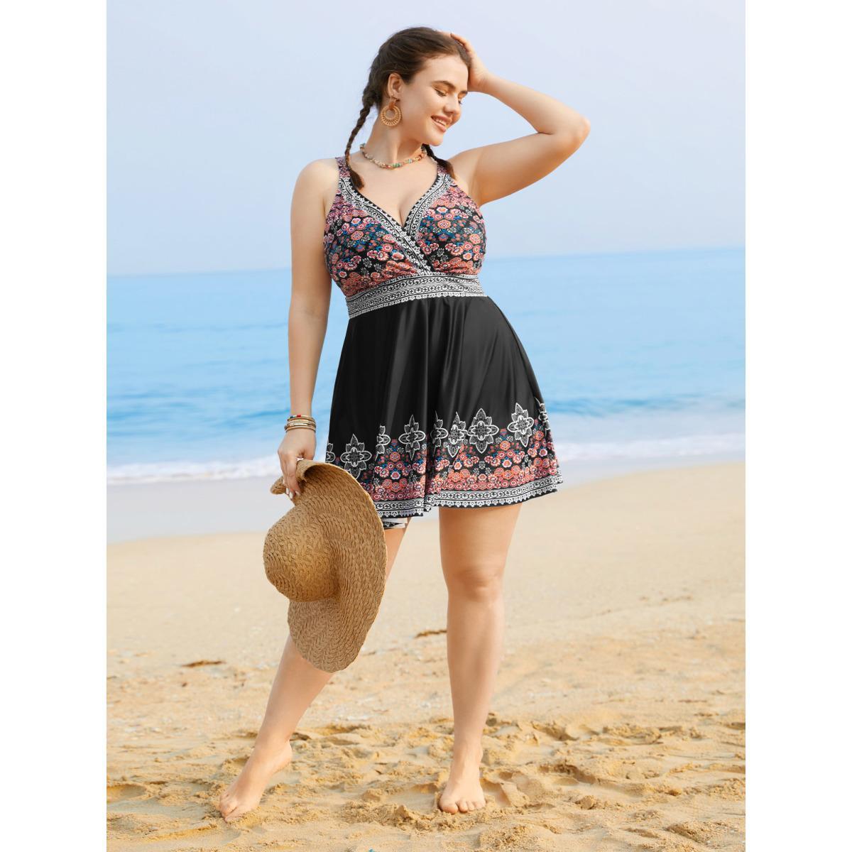 Plus Size Boho Print Surplice Neck Adjustable Swim Dress Women's Swimwear Black Beach Bodycon Overlap Collar High stretch Curve Swim Dresses BloomChic 14-16/1X Product Image