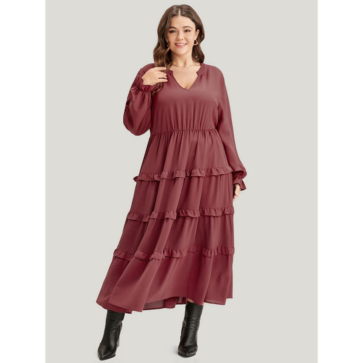 Plus Size Solid Lantern Sleeve Pocket Ruffle Hem Dress Russet Women Elegant V-neck Long Sleeve Curvy Long Dress BloomChic 22-24/3X Product Image