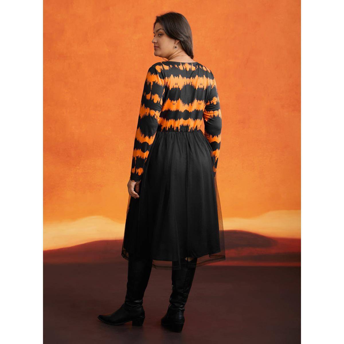 Plus Size Soft Knit And Chiffon Contrast Midi Dress Brightorange Women Cocktail Contrast Party Curvy Bloomchic 26/4X Product Image