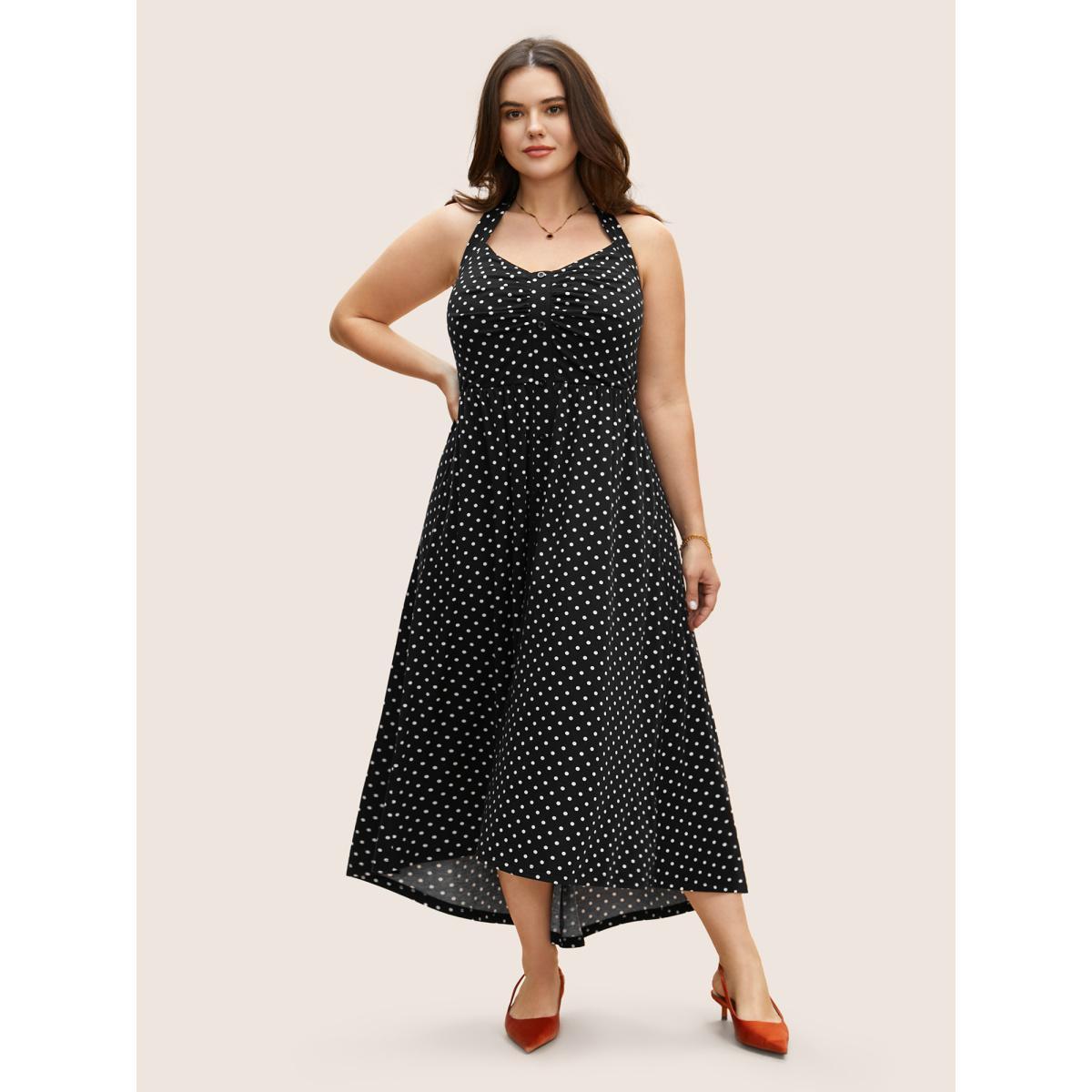 Plus Size Polka Dot Button Detail Tie Knot Dress Black Women Elegant Tie knot Heart neckline Sleeveless Curvy BloomChic 14-16/1X Product Image