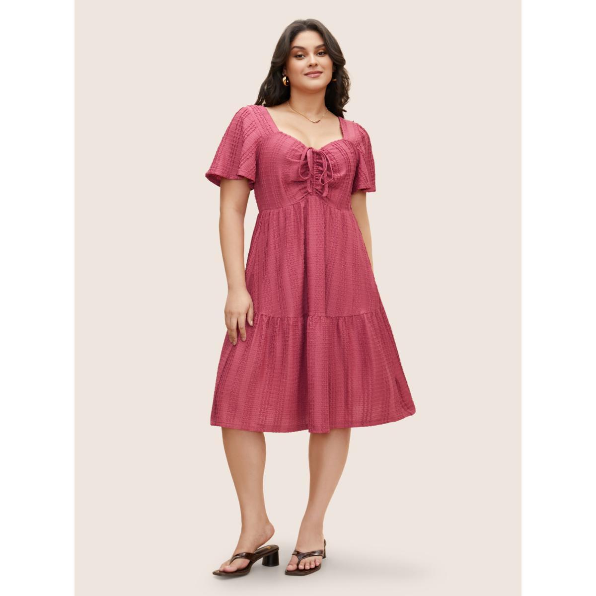 Plus Size Textured Heart Neckline Ruffle Sleeve Dress Rosered Women Elegant Texture Heart neckline Short sleeve Curvy BloomChic 14-16/1X Product Image