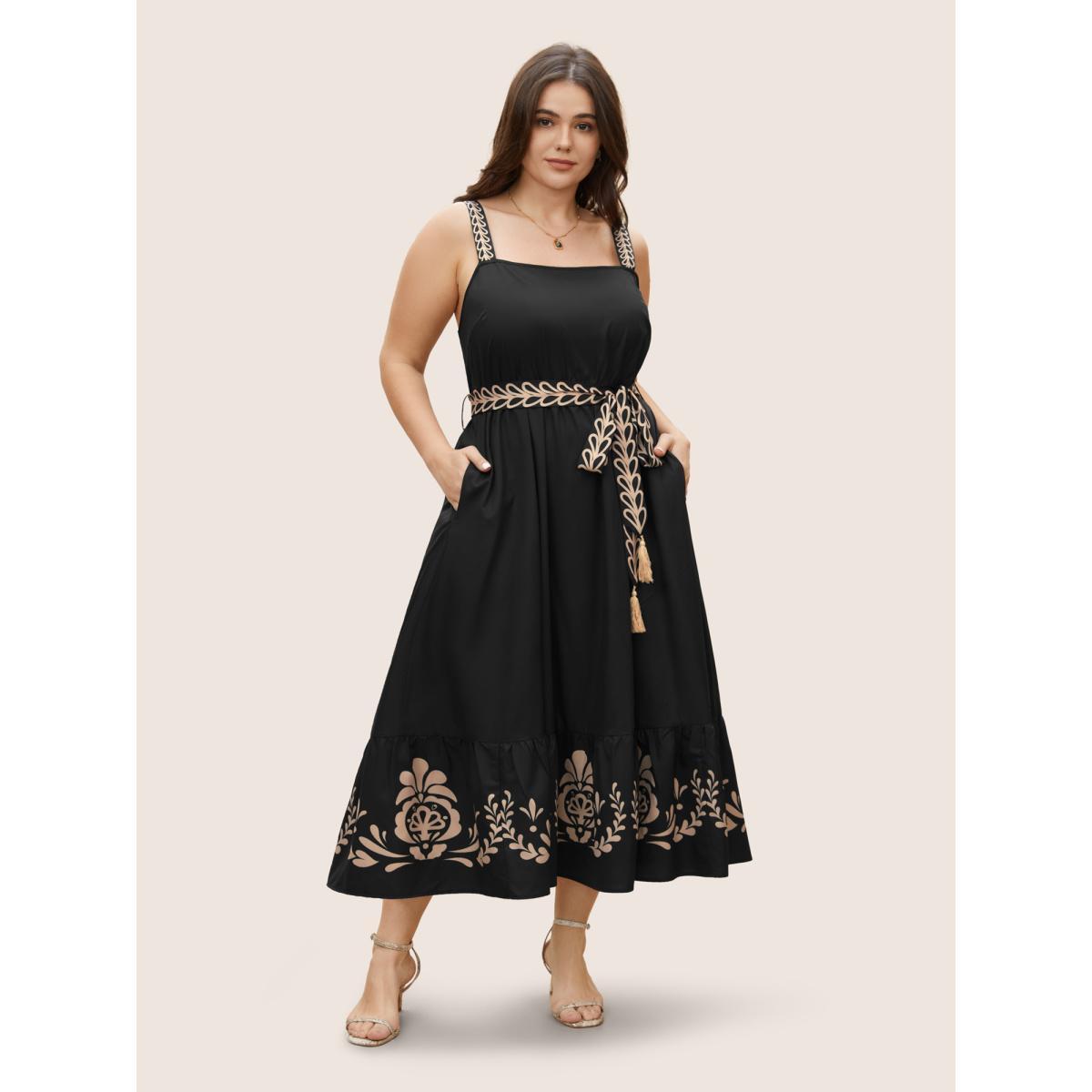 Plus Size Boho Print Tassel Belted Cami Dress Black Women Resort Non Sleeveless Curvy BloomChic 28/5X Product Image
