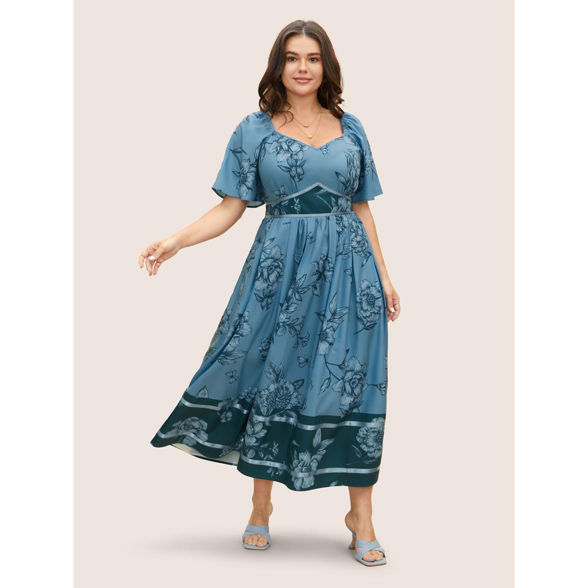 Plus Size Boho Print Heart Neckline Ruffle Sleeve Maxi Dress Cerulean Women Elegant Woven ribbon&lace trim Square Neck Short sleeve Curvy BloomChic 30/6X Product Image
