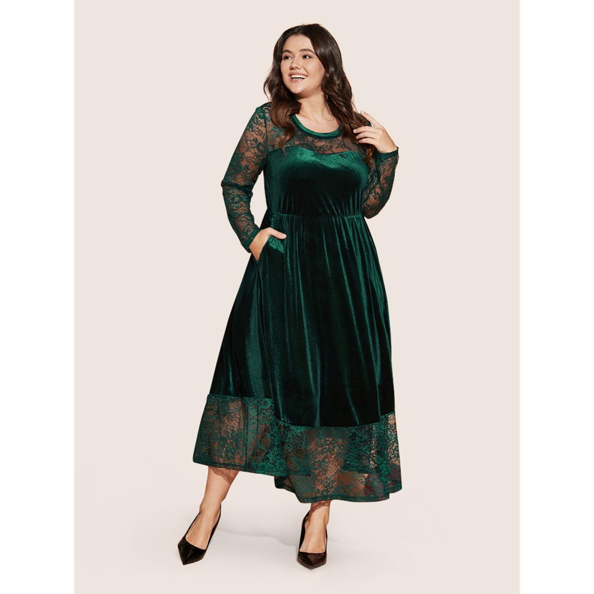 Plus Size Solid Contrast Lace Pocket Round Neck Velvet Dress DarkGreen Women Glamour Lace Round Neck Long Sleeve Curvy Midi Dress BloomChic 10/M Product Image