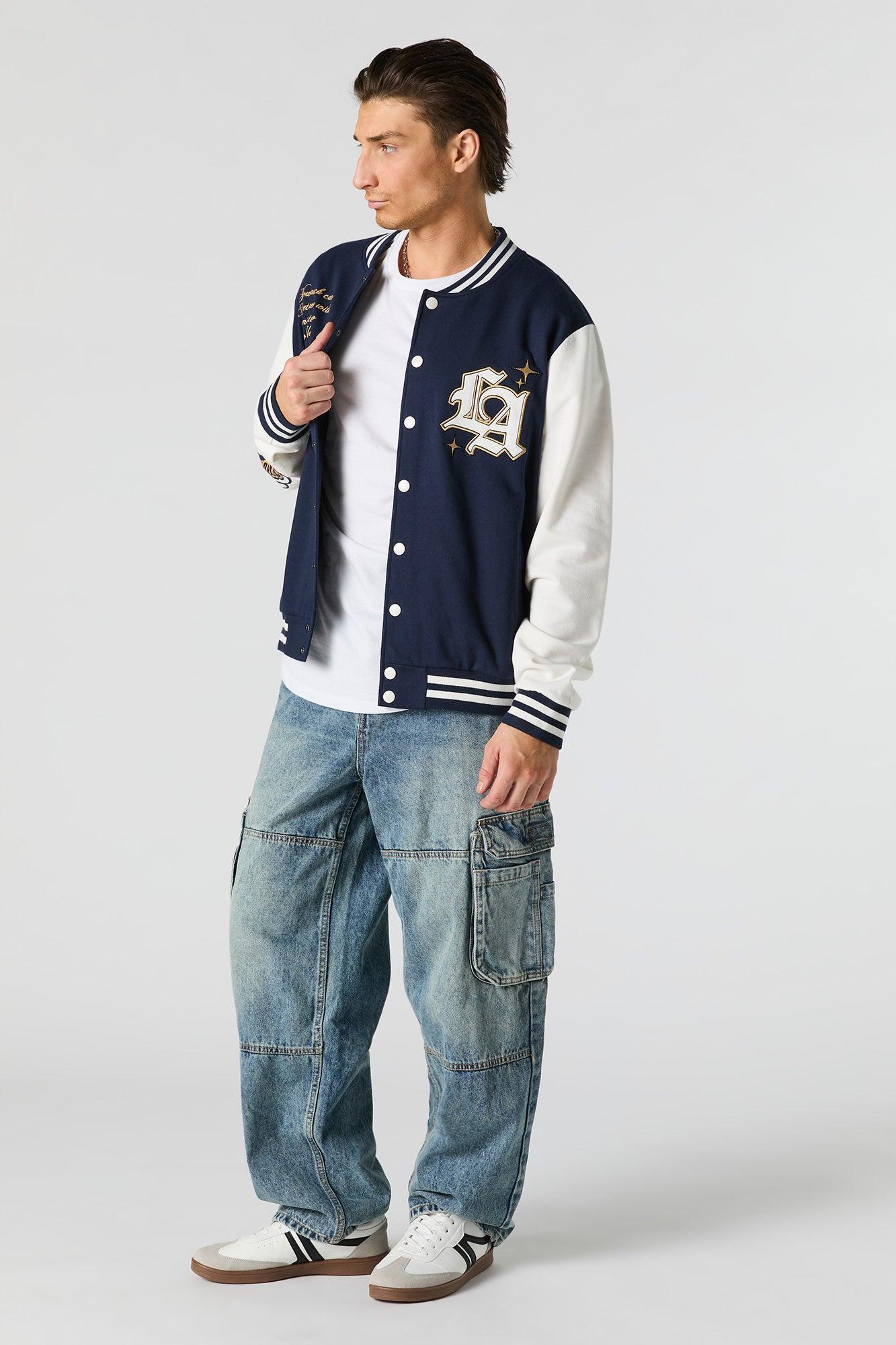 Embroidered Graphic Fleece Varsity Jacket Male Product Image