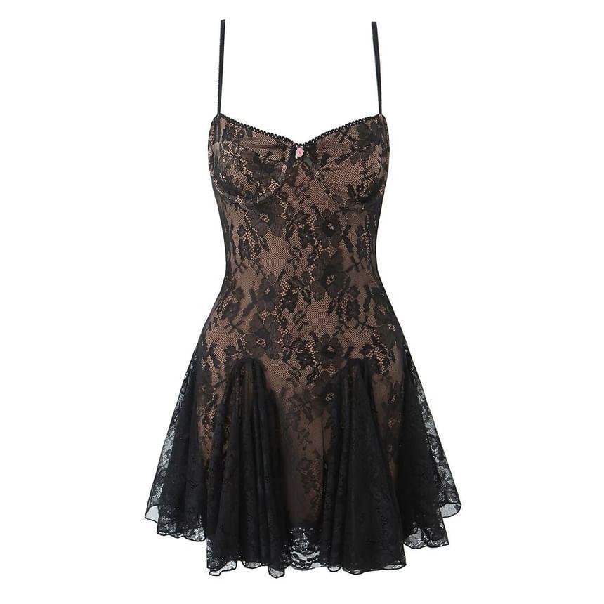 Spaghetti Strap Lace Slim-Fit Mini A-Line Dress Product Image