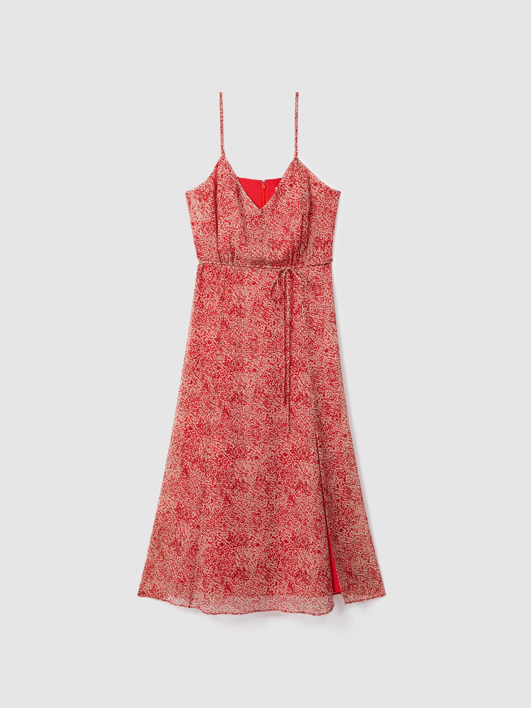 Printed Belted Midi Dress in Red Product Image