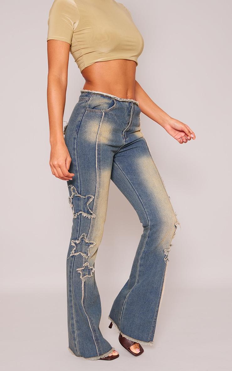 Indigo Vintage Wash Raw Hem Star Embroidery Flared Jeans Product Image