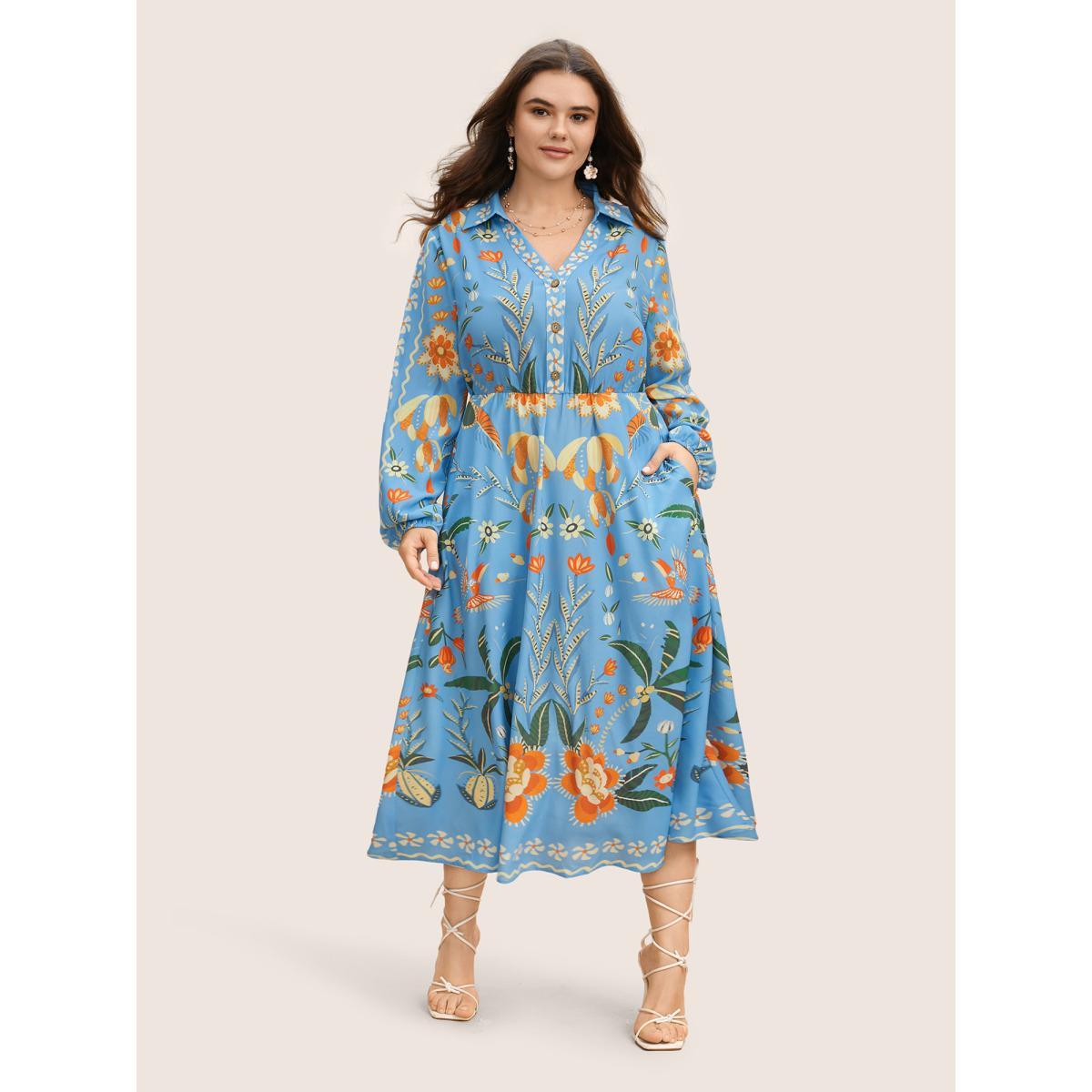 Plus Size Bandana Print Pocket Lapel Collar Elastic Cuffs Dress LightBlue Women Resort Non V-neck Long Sleeve Curvy Midi Dress BloomChic 30/6X Product Image