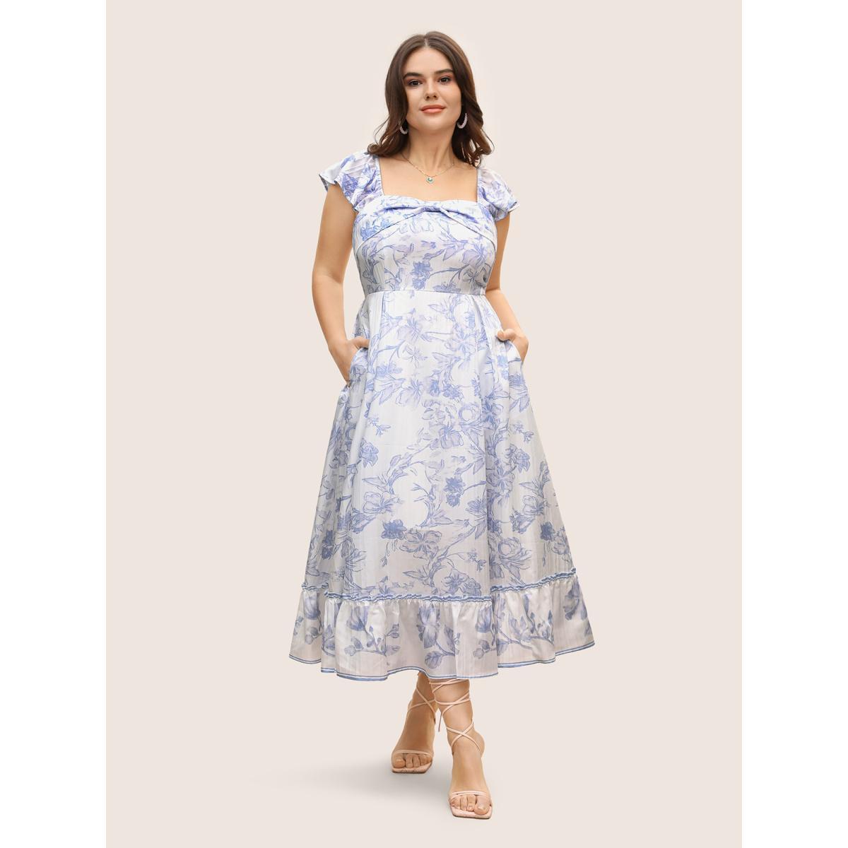 Plus Size Square Neck Floral Twist Ruffle Cap Sleeve Dress Originalwhite Women Elegant Twist Square Neck Cap Sleeve Curvy BloomChic 12/L Product Image