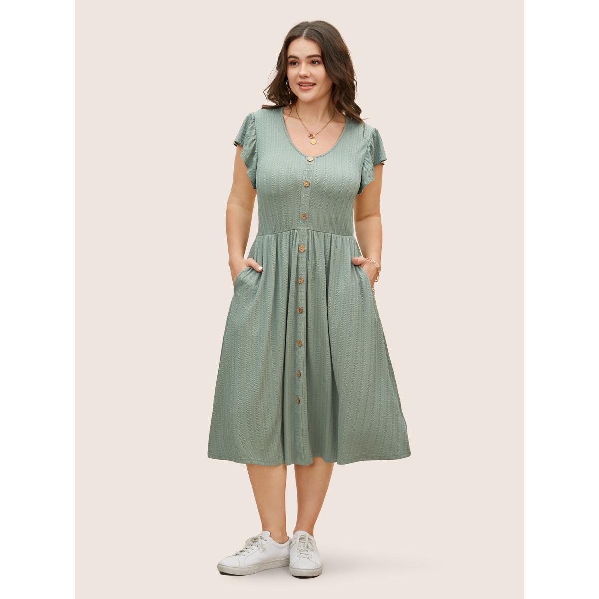 Plus Size Texture Button Detail Ruffle Cap Sleeve Dress Sage Women Casual Texture V-neck Cap Sleeve Curvy BloomChic 18-20/2X Product Image