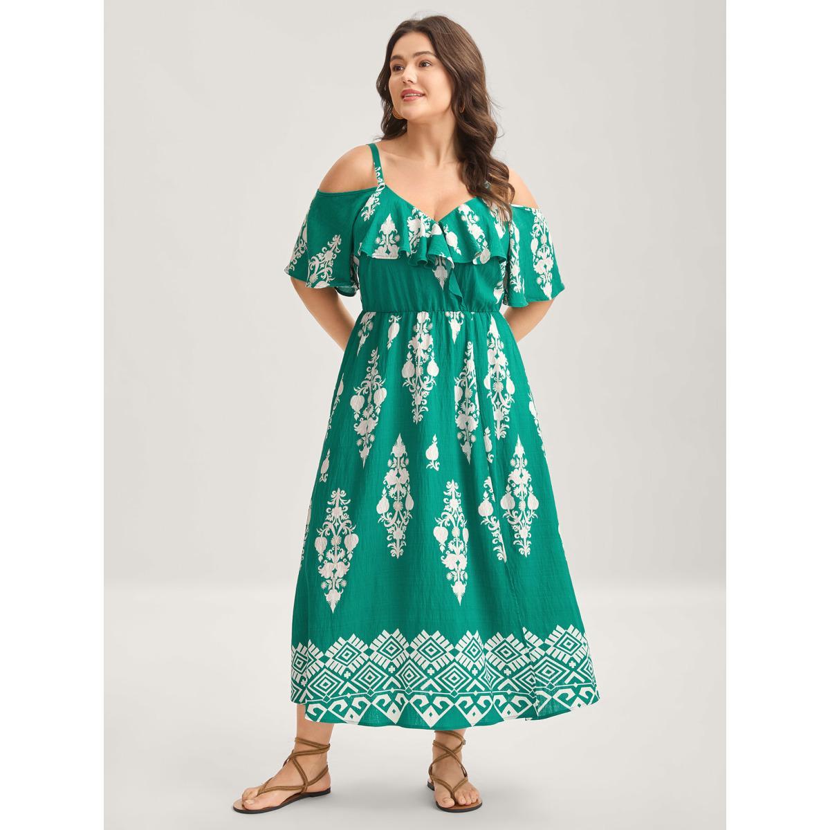 Plus Size Rayon Boho Print Slit Pockets Midi Dress Emerald Women Overlap Collar Short sleeve Curvy BloomChic 18-20/2X Product Image