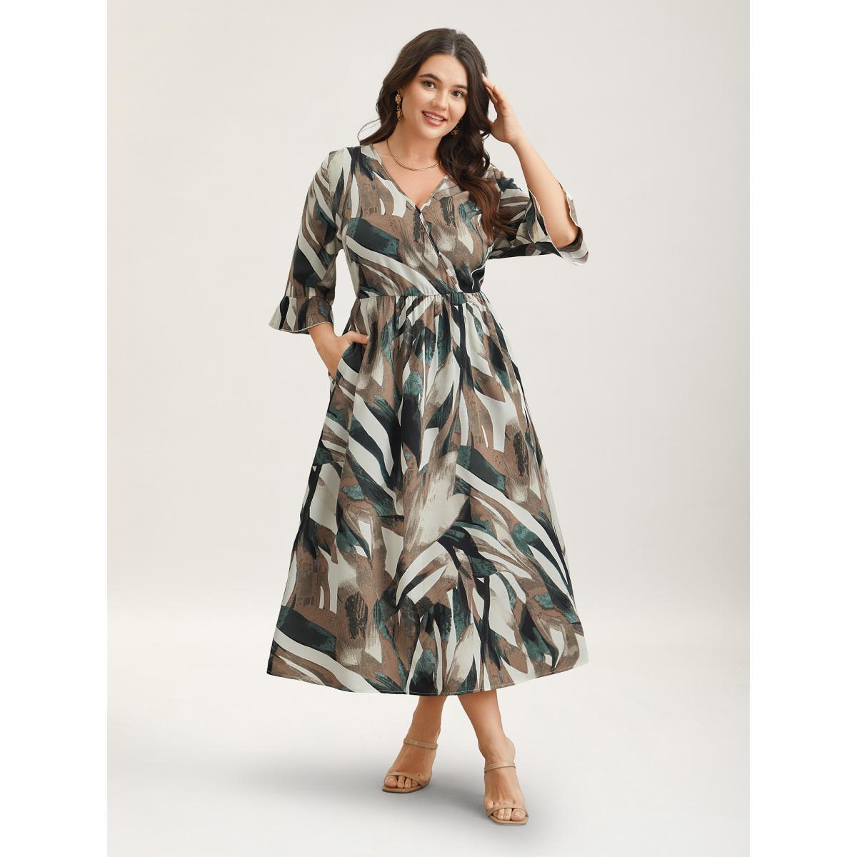 Plus Size Abstract Print Lotus Leaf Cuff Pockets Dress DarkBrown Women Elegant Ruffles Overlap Collar Elbow-length sleeve Curvy BloomChic 28/5X Product Image