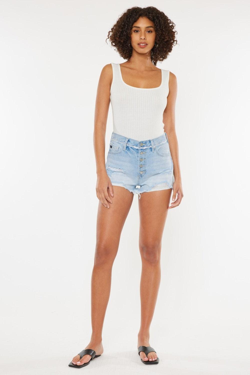 Kancan Distressed Button Fly Denim Shorts Product Image