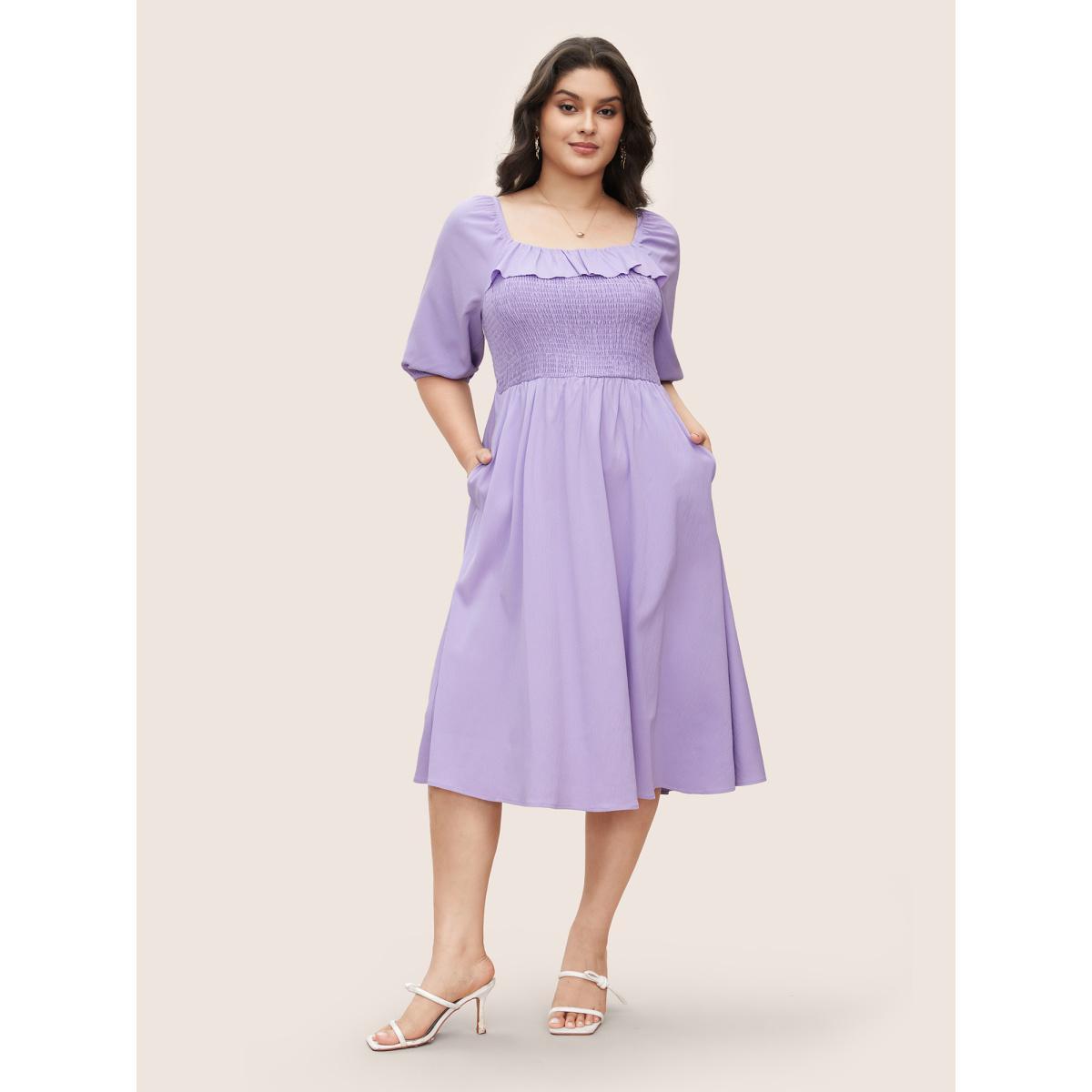 Plus Size Square Neck Solid Ruffle Trim Shirred Dress Lavender Women Elegant Shirred Square Neck Half Sleeve Curvy BloomChic 18-20/2X Product Image