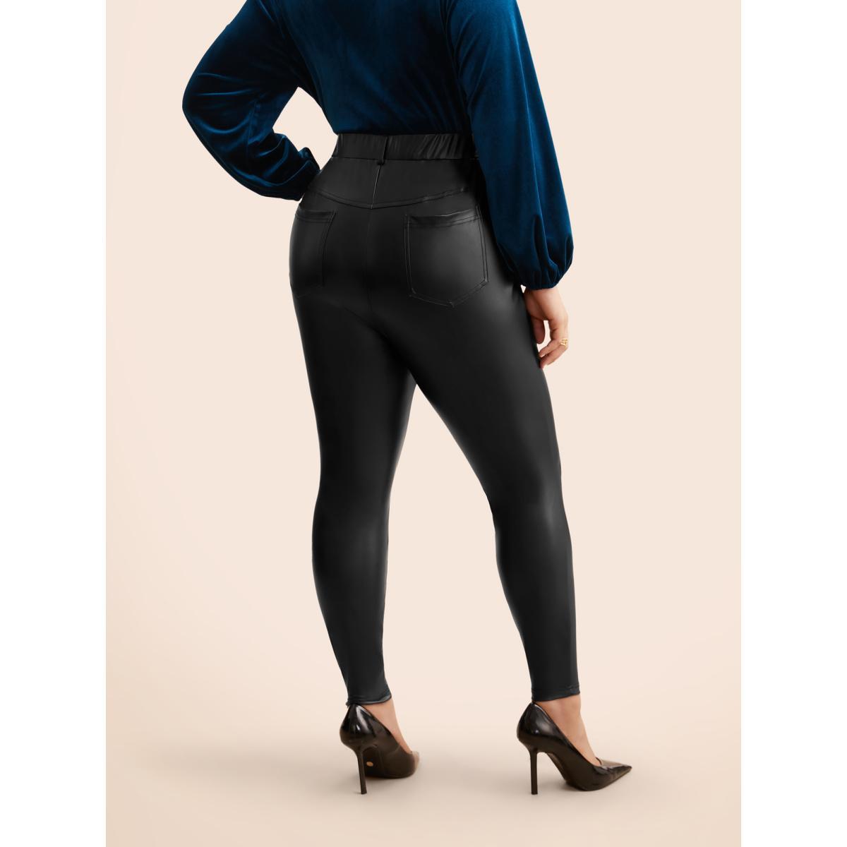 Plus Size PU Leather Button Detail Mid Rise Pants Women Black Casual Skinny Mid Rise Everyday Pants BloomChic 30/6X Product Image
