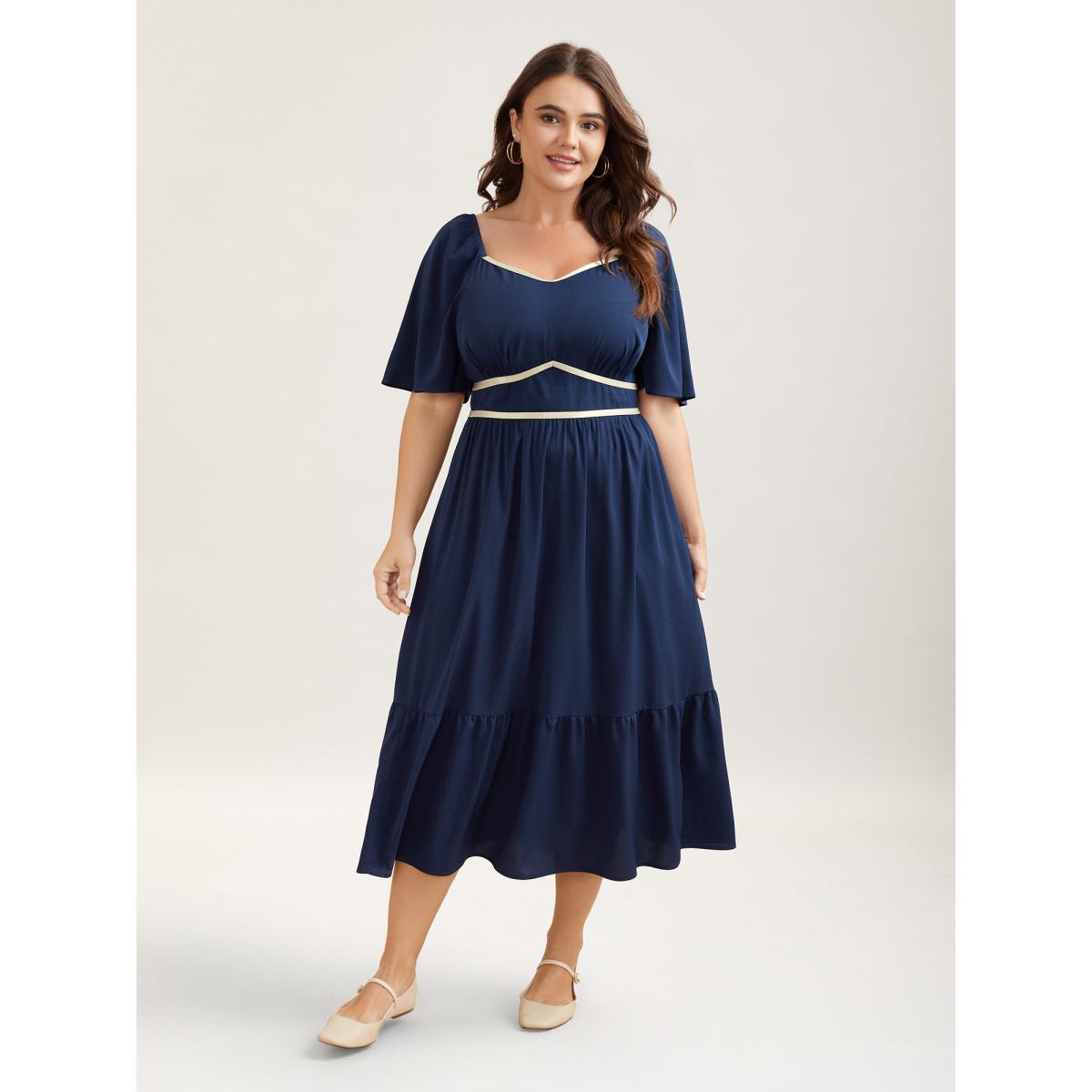 Plus Size Textured Stretchy Waist Milkmaid Style Midi Dress Indigo Women Casual Woven ribbon&lace trim Heart neckline Short sleeve Curvy BloomChic 18-20/2X Product Image