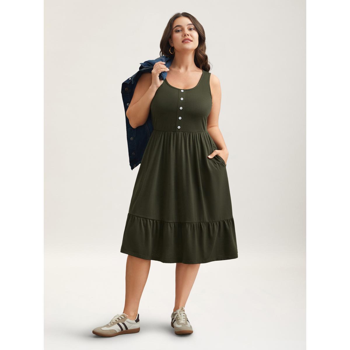 Plus Size Supersoft Stretchy Waist Pockets Midi Dress ArmyGreen Women Casual Button Knit Dresses Bloomchic 10/M Product Image