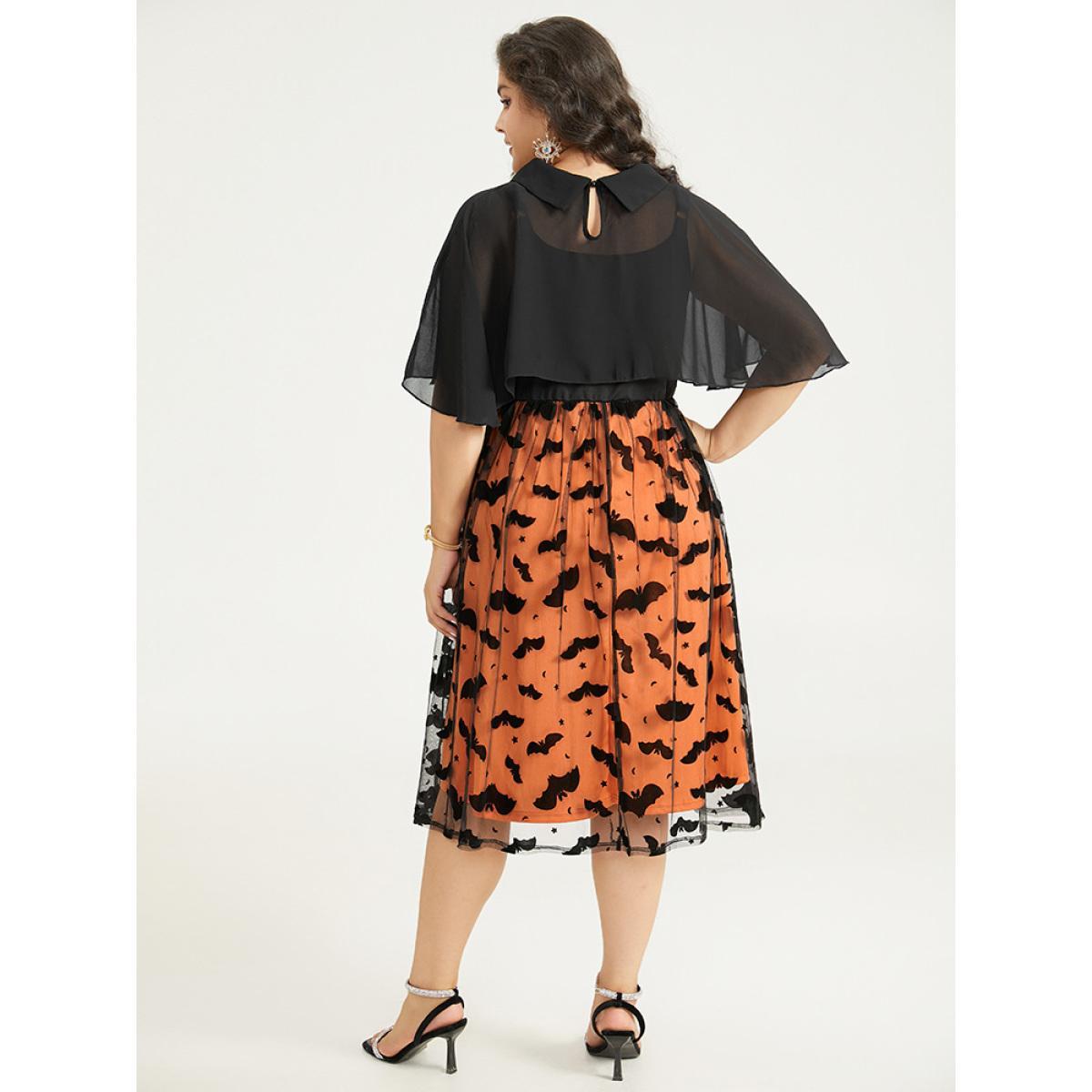 Plus Size Halloween Bat print Tiered Patchwork Dress Black Women Elegant Adjustable Straps Lapel Collar Sleeveless Curvy Midi Dress BloomChic 22-24/3X Product Image