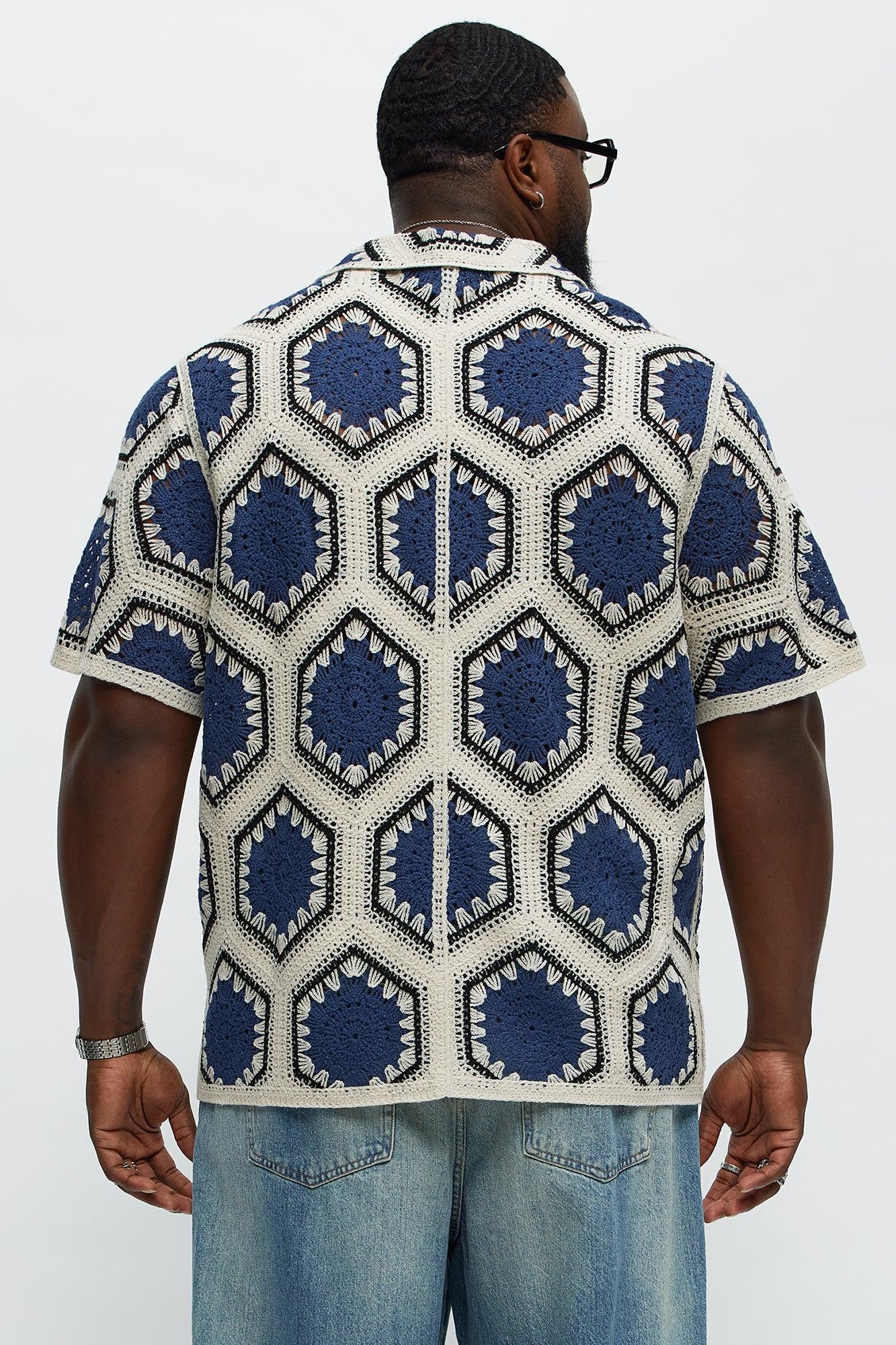 Vacay Vibes Crochet Button Up Shirt - Navy/combo Male Product Image