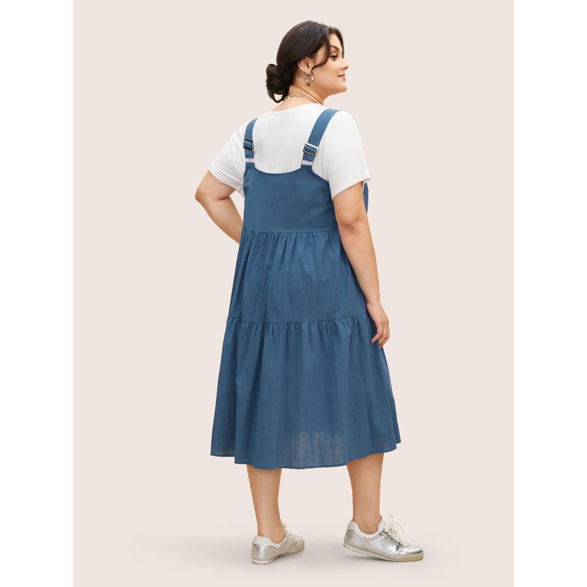 Plus Size Solid Pleated Ruffle Layered Hem Midi Dress Mediumblue Women Casual Gathered Square Neck Sleeveless Curvy BloomChic 22-24/3X Product Image