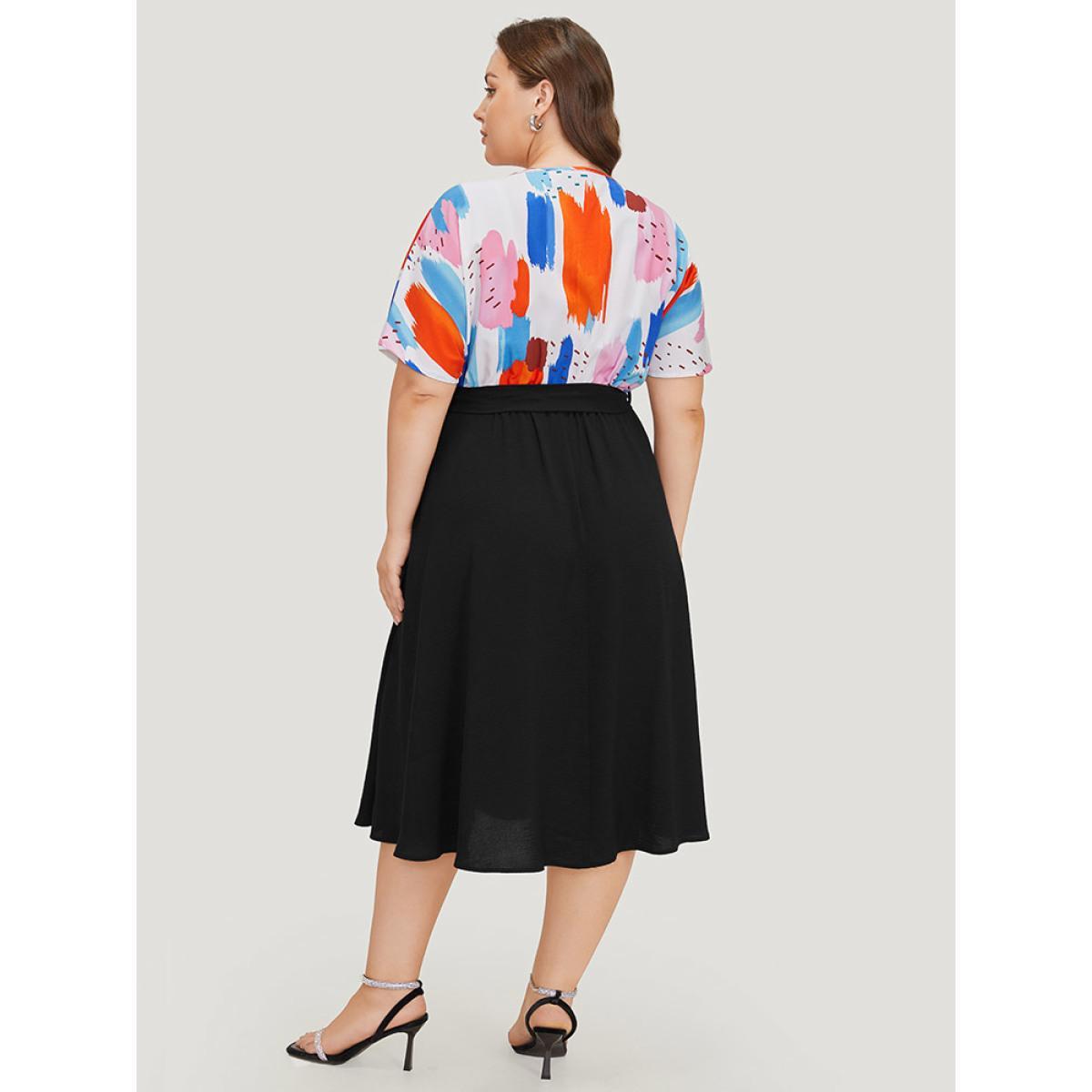 Plus Size Brush Print Surplice Neck Belted Patchwork Flutter Dress Black Women Office Wrap V-neck Short sleeve Curvy Midi Dress BloomChic 12/L Product Image